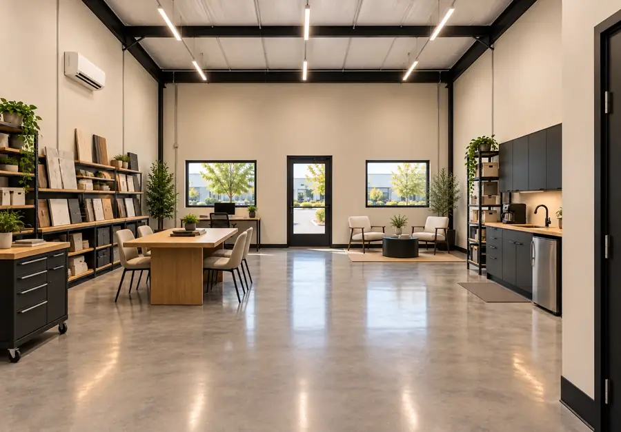 Rendering of a bay fitted out as a showroom: sample boards on shelving, a wood meeting table and a seating area by the storefront