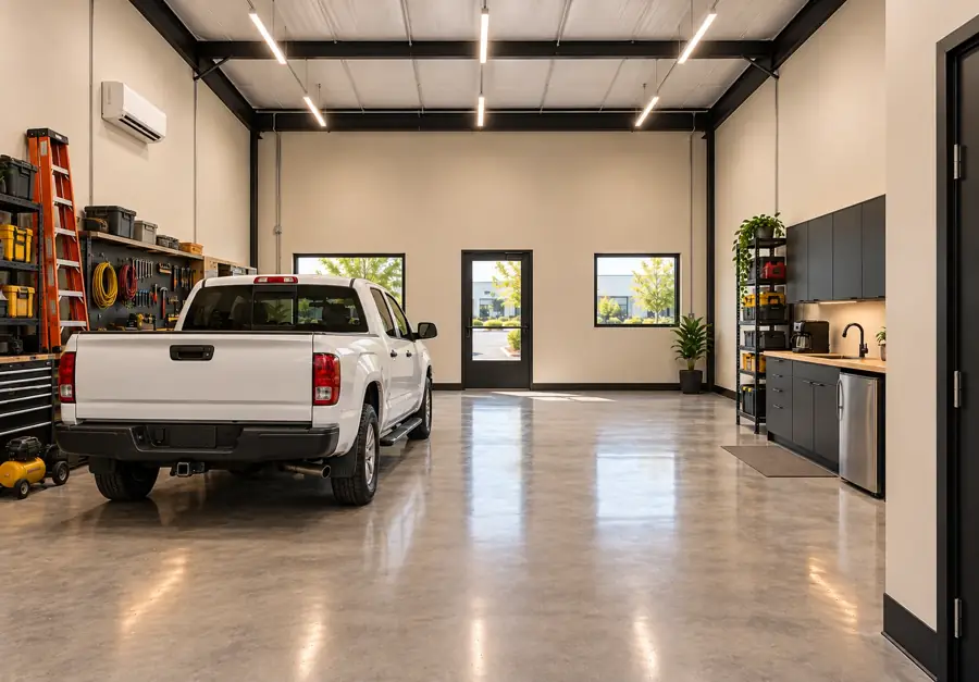 Rendering of a bay fitted out for a trades crew: a pickup parked inside, ladders, tool chests and a compressor along the wall